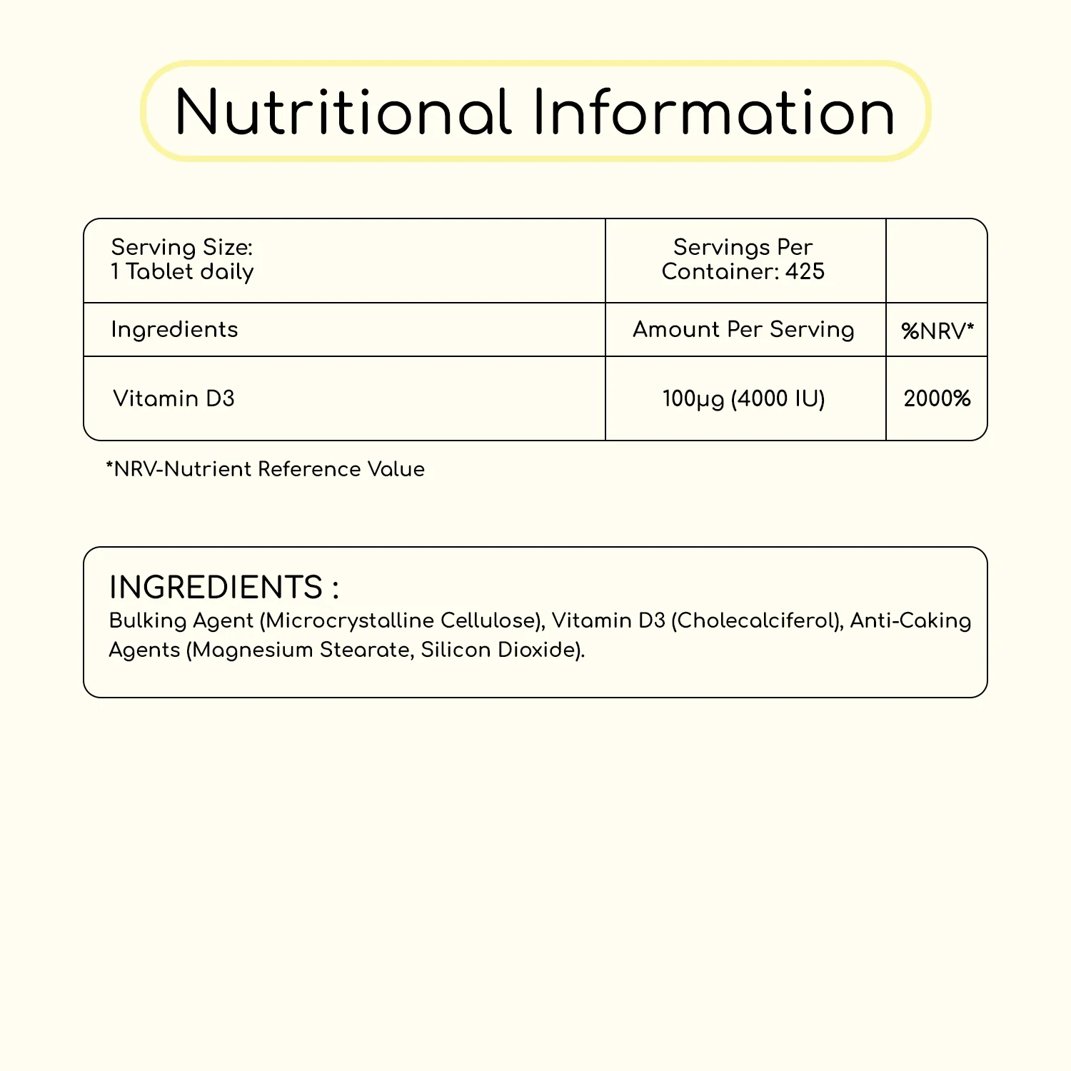 Vitamin D3 4000 IU 425 Vegeterian Tablets - Image 3